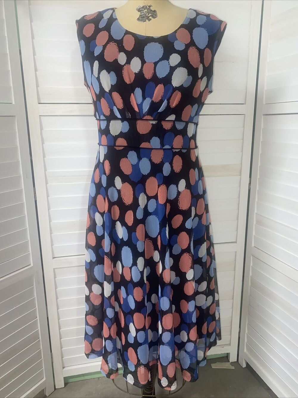 I LE New York Geometric Circle Print Sleeveless Fit & Flare Midi Dress Sz 8